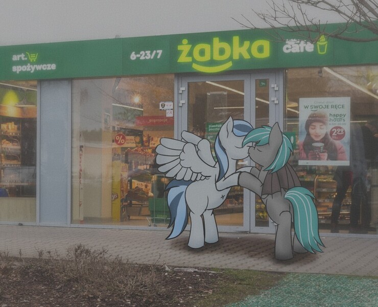 Size: 1287x1044 | Tagged: safe, artist:frilanka, derpibooru import, oc, oc:haze northfleet, oc:malachite cluster, unofficial characters only, bat pony, pegasus, couple, fog, image, jpeg, kissing, poland, shipping, shop, spread wings, wings