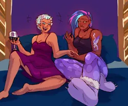Size: 2400x2000 | Tagged: safe, artist:starsbursts, derpibooru import, human, g5, alcohol, allura, alternate hairstyle, barefoot, bed, blanket, blushing, breasts, choker, clothes, commission, dark skin, duo, ear piercing, earring, eyes closed, eyeshadow, fangs, feet, female, freckles, glass, hair curlers, humanized, image, jewelry, laughing, lesbian, makeup, muscles, nail polish, opaline arcana, pajamas, pants, piercing, pillow, png, ship:opallura, shipping, slippers, tanktop, tattoo, wine, wine glass
