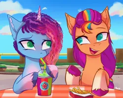 Size: 2048x1638 | Tagged: safe, artist:maxi_ponie, derpibooru import, sunny starscout, earth pony, pony, unicorn, g5, blushing, date, drink, female, food, french fries, image, jpeg, lesbian, looking at each other, looking at someone, mane stripe sunny, mare, maretime bay, misty brightdawn, outdoors, rebirth misty, shipping, smoothie, sunnydawn