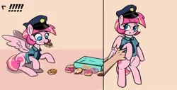 Size: 1460x740 | Tagged: safe, artist:n-o-n, derpibooru import, oc, oc:sweet serving, unofficial characters only, pony, donut, female, food, holding a pony, image, jpeg, mare, mischievous, nom, police officer, police uniform