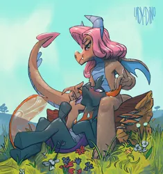 Size: 1549x1648 | Tagged: safe, artist:ladysdino, derpibooru import, mina, pharynx, changedling, changeling, dragon, blushing, crack shipping, cuddling, female, g4, image, jpeg, male, shipping, straight