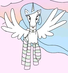 Size: 1070x1152 | Tagged: safe, artist:purblehoers, derpibooru import, princess celestia, alicorn, pony, :p, choker, clothes, cloud, female, front view, heart, image, looking at you, mare, on a cloud, pink cloud, pink sky, png, raised hoof, socks, solo, spread wings, standing on a cloud, striped socks, tongue out, wings