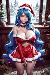 Size: 1024x1536 | Tagged: suggestive, ai content, derpibooru import, editor:sammykun, machine learning generated, princess luna, human, big breasts, bow, breasts, busty princess luna, christmas, cleavage, clothes, costume, female, furniture, g4, generator:yodayo, gloves, holiday, humanized, image, jpeg, long hair, looking at you, midriff, miniskirt, neck bow, prompter:sammykun, realistic, santa costume, seductive, sexy, short shirt, skirt, smiling, socks, solo, stupid sexy princess luna, sultry, sultry pose, thigh highs, tube top, wide hips, wood