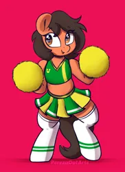 Size: 4000x5500 | Tagged: source needed, safe, artist:perezadotarts, derpibooru import, oc, oc:robertapuddin, unofficial characters only, semi-anthro, bipedal, cheering, cheerleader, cheerleader outfit, clothes, happy, image, png, pom pom, red background, simple background