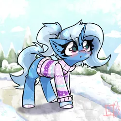 Size: 2000x2000 | Tagged: safe, artist:jubyskylines, derpibooru import, trixie, pony, unicorn, alternate hairstyle, blushing, breath, clothes, cute, diatrixes, ear fluff, female, image, mare, png, ponytail, snow, solo, sweater