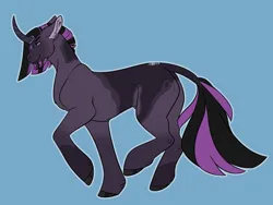 Size: 3400x2550 | Tagged: safe, artist:kitschykricket, derpibooru import, oc, pony, blue background, curved horn, horn, image, male, parent:king sombra, parent:rarity, png, simple background, solo, stallion