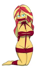 Size: 1515x2875 | Tagged: suggestive, artist:cadenreigns, derpibooru import, sunset shimmer, human, equestria girls, big breasts, bondage, bound, bound and gagged, bound legs, breasts, busty sunset shimmer, christmas, female, femsub, gag, gift wrapped, holiday, image, kneeling, png, ribbon, solo, solo female, stupid sexy sunset shimmer, submissive, subset, wrapped up