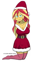 Size: 1515x2875 | Tagged: safe, artist:cadenreigns, derpibooru import, sunset shimmer, human, blushing, breasts, busty sunset shimmer, christmas, clothes, costume, hat, holiday, image, png, santa claus, santa costume, santa hat, stupid sexy sunset shimmer