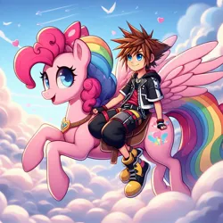 Size: 1024x1024 | Tagged: safe, ai content, artist:user15432, derpibooru import, machine learning generated, prompter:user15432, pinkie pie, human, pegasus, pony, alternate cutie mark, cloud, crossover, flying, generator:bing image creator, heart, humans riding ponies, image, jpeg, kingdom hearts, multicolored hair, pegasus pinkie pie, race swap, rainbow hair, rainbow tail, riding, smiling, sora