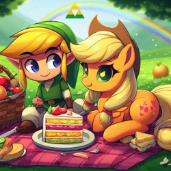 Size: 1024x1024 | Tagged: safe, ai content, artist:user15432, derpibooru import, machine learning generated, prompter:user15432, applejack, earth pony, hylian, alternate cutie mark, basket, cake, crossover, female, food, image, jpeg, link, looking at each other, male, picnic, picnic basket, picnic blanket, rainbow, smiling, the legend of zelda, triforce