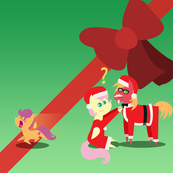 Size: 2160x2160 | Tagged: safe, anonymous artist, derpibooru import, big macintosh, fluttershy, scootaloo, earth pony, pegasus, pony, series:fm holidays, series:hearth's warming advent calendar 2023, advent calendar, alternate hairstyle, beard, christmas, clothes, colonel sanders, confused, cosplay, costume, dress, facial hair, fake beard, female, filly, fluttermac, foal, g4, glasses, hat, high res, holiday, image, lineless, male, mare, meme, moustache, png, pointy ponies, question mark, running, santa costume, santa hat, scared, scootachicken, shipping, short mane, sitting, stallion, straight, trio