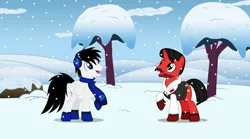 Size: 8000x4434 | Tagged: safe, artist:mickey1909, derpibooru import, oc, oc:mickey motion, oc:shane park, pegasus, pony, unicorn, clothes, earmuffs, image, male, png, scarf, snow, snowfall, winter, winter outfit