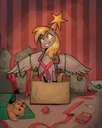 Size: 2400x3000 | Tagged: safe, artist:double-zr-tap, derpibooru import, derpy hooves, pegasus, pony, box, christmas, christmas lights, christmas ornament, christmas tree, christmas tree star, commission, cute, decoration, derpabetes, female, grin, holiday, image, mare, plushie, png, pony in a box, present, ribbon, sitting, smiling, solo, spread wings, teddy bear, tree, wings