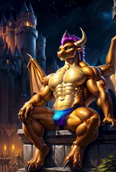 Size: 2070x3080 | Tagged: prompter needed, suggestive, ai content, derpibooru import, machine learning generated, smolder, anthro, digitigrade anthro, dragon, abs, biceps, bodybuilder, castle, clothes, dark background, deltoids, image, looking at you, male, muscles, muscular male, pecs, png, rule 63, sitting, smolder (male), solo, solo male, swimsuit, swolder, thighs, thunder thighs