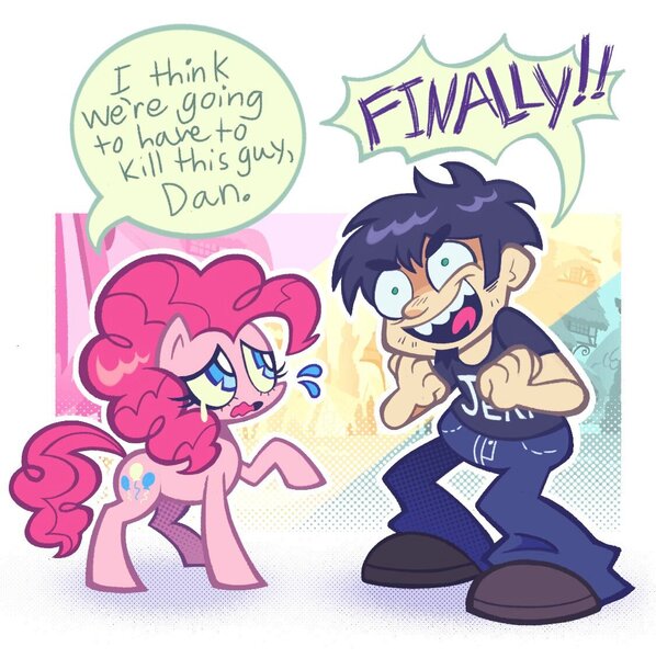 Size: 1125x1128 | Tagged: safe, artist:wormz1lla, derpibooru import, pinkie pie, earth pony, human, pony, crossover, crying, dan, dan vs, excited, i think we're gonna have to kill this guy, image, imminent murder, jpeg, meme, subverted meme