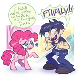Size: 1125x1128 | Tagged: safe, artist:wormz1lla, derpibooru import, pinkie pie, earth pony, human, pony, crossover, crying, dan, dan vs, excited, i think we're gonna have to kill this guy, image, imminent murder, jpeg, meme, subverted meme
