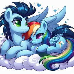 Size: 1024x1024 | Tagged: safe, ai content, derpibooru import, machine learning generated, prompter:*rainbow dash*, rainbow dash, soarin', cloud, female, generator:bing image creator, image, jpeg, lying down, male, shipping, simple background, snuggling, soarindash, straight, white background