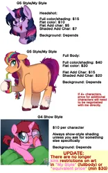 Size: 2400x3855 | Tagged: safe, alternate version, artist:ponykittenboi, derpibooru import, sunny starscout, twilight sparkle, oc, oc:rose petal, earth pony, pony, unicorn, g5, advertisement, belly, belly blush, big belly, blushing, braid, commission info, drink, female, filly, foal, g4, g4 to g5, generation leap, glasses, image, looking at you, mane stripe sunny, mare, multicolored hair, one eye closed, open mouth, png, preggy starscout, pregnant, round glasses, signature, simple background, smoothie, straw, text, tongue out, unicorn twilight, unshorn fetlocks, updated, updated image, watermark, white background, wink, winking at you