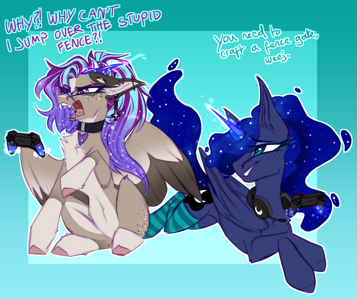 Size: 1969x1652 | Tagged: safe, artist:ouijaa, derpibooru import, princess luna, oc, oc:ouija, alicorn, demon, demon pony, original species, pony, succubus, succubus pony, gamer luna, abstract background, adorable distress, belly, big ears, chest fluff, clothes, coat markings, collar, colored, colored wings, concave belly, controller, countershading, crossed hooves, cute, duo, ear fluff, ethereal mane, ethereal tail, eyebrows, eyes closed, female, floppy ears, folded wings, frustrated, furrowed brow, g4, gaming, gaming headset, glow, glowing horn, gradient mane, gradient wings, headset, hooves, horn, image, lidded eyes, lying down, magic, magic aura, mare, minecraft, no source available, open mouth, partially open wings, pet tag, png, prone, sharp teeth, sketch, slender, socks, striped socks, succubus oc, tail, talking, teeth, telekinesis, thin, wall of tags, wings
