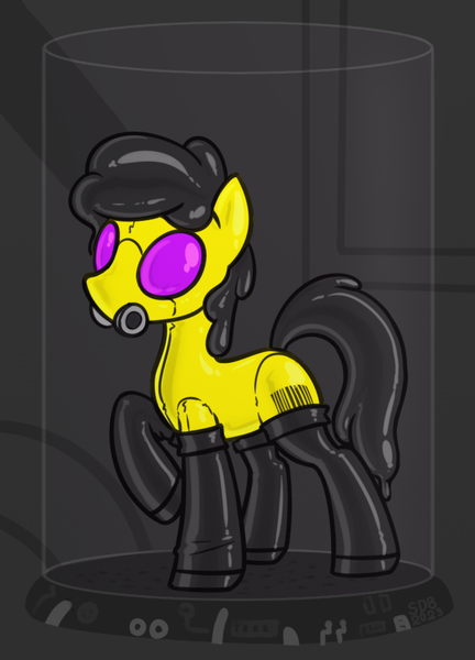 Size: 667x927 | Tagged: questionable, artist:superderpybot, derpibooru import, oc, oc:del, unofficial characters only, earth pony, pony, bar code, display case, drone, earth pony oc, fetish, gas mask, hazmat pony drone, hazmat suit, image, latex, latex fetish, latex suit, liquid latex, male, mask, png, rubber, rubber boots, rubber drone, rubber suit, shiny, simple background, solo, stallion