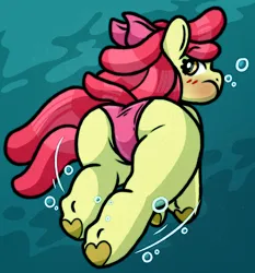 Size: 1782x1914 | Tagged: suggestive, artist:faerienougat, derpibooru import, apple bloom, earth pony, pony, clothes, female, filly, foal, foalcon, holding breath, image, mare, one-piece swimsuit, png, rear view, solo, swimming, swimsuit, underage, underhoof