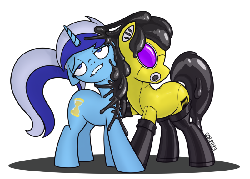 Size: 2270x1623 | Tagged: questionable, artist:superderpybot, derpibooru import, minuette, oc, oc:del, earth pony, pony, unicorn, assimilation, bar code, bedroom eyes, drone, earth pony oc, female, fetish, g4, gas mask, hazmat pony drone, hazmat suit, image, latex, latex fetish, latex suit, lip bite, liquid latex, living latex, male, mare, mask, png, rubber, rubber boots, rubber drone, rubber suit, shiny, simple background, stallion, transparent background