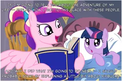 Size: 1024x683 | Tagged: safe, artist:zetared, banned from derpibooru, deleted from derpibooru, editor:bikerdash, ponerpics import, ponybooru import, princess cadance, twilight sparkle, alicorn, pony, unicorn, fallout equestria, bed, bedtime story, book, cadance's bedtime stories, chair, exploitable meme, female, females only, filly, filly twilight sparkle, foal, image, looking up, meme, pillow, png, reading, teen princess cadance, unicorn twilight, young, younger
