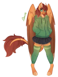 Size: 813x1087 | Tagged: safe, artist:trashpanda czar, derpibooru import, oc, oc:pumpkin spice, unofficial characters only, anthro, hybrid, unguligrade anthro, clothes, cloven hooves, hoodie, horns, hybrid oc, image, leg warmers, long tail, png, simple background, skirt, solo, standing, tail, transparent background, wings