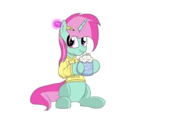 Size: 2000x1600 | Tagged: safe, artist:amateur-draw, derpibooru import, oc, oc:belle boue, unofficial characters only, pony, unicorn, chocolate, clothes, food, hoodie, hot chocolate, image, male, pencil, png, simple background, sitting, solo, sombra's pencil, stallion, white background