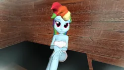 Size: 1600x900 | Tagged: suggestive, artist:oatmeal!, derpibooru import, rainbow dash, human, equestria girls, 3d, bare shoulders, breasts, cleavage, crossed legs, gmod, hand on knee, hand on leg, image, legs, looking at you, png, sauna, sexy, sitting, solo, steam, towel