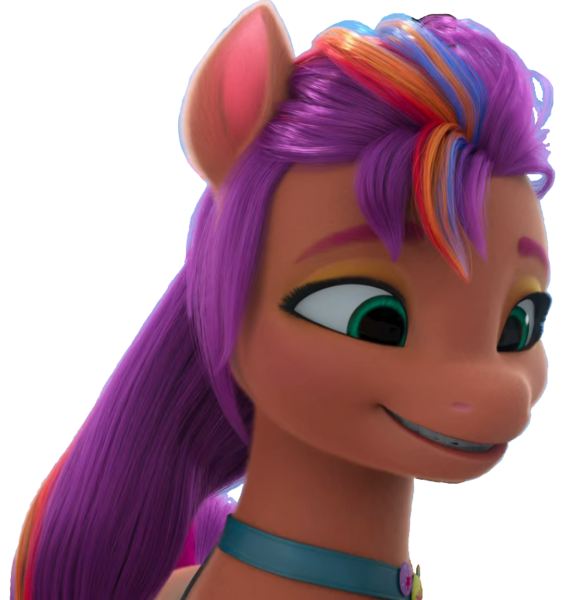 Size: 735x768 | Tagged: episode needed, safe, derpibooru import, sunny starscout, earth pony, pony, g5, female, green eyes, image, looking right, mare, orange skin, png, purple mane, simple background, smiling, solo, transparent background