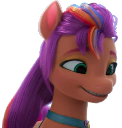 Size: 735x768 | Tagged: episode needed, safe, derpibooru import, sunny starscout, earth pony, pony, g5, female, green eyes, image, looking right, mare, orange skin, png, purple mane, simple background, smiling, solo, transparent background