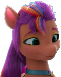 Size: 575x727 | Tagged: episode needed, safe, derpibooru import, sunny starscout, earth pony, pony, g5, female, green eyes, image, looking right, mare, orange skin, png, purple mane, simple background, smiling, solo, transparent background