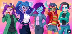 Size: 1633x787 | Tagged: safe, artist:uotapo, derpibooru import, edit, izzy moonbow, pipp petals, sunny starscout, zipp storm, human, equestria girls, g5, cornrows, equestria girls-ified, female, g5 to equestria girls, generation leap, glasses, group, image, microphone, misty brightdawn, patreon, patreon logo, png, quintet, rebirth misty