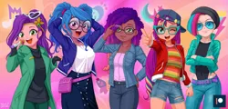 Size: 1633x787 | Tagged: safe, artist:uotapo, derpibooru import, edit, izzy moonbow, pipp petals, sunny starscout, zipp storm, human, equestria girls, g5, cornrows, dark skin, equestria girls-ified, female, g5 to equestria girls, generation leap, glasses, group, image, light skin, microphone, misty brightdawn, moderate dark skin, pale skin, patreon, patreon logo, png, quintet, rebirth misty, tan skin