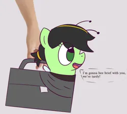 Size: 728x654 | Tagged: safe, artist:wanda, derpibooru import, oc, unofficial characters only, earth pony, animal costume, bee costume, briefcase, clothes, costume, image, png, pun