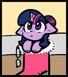 Size: 352x400 | Tagged: safe, alternate version, artist:zutcha, derpibooru import, sci-twi, twilight sparkle, ponified, pony, unicorn, equestria girls, :c, animated, blinking, christmas, christmas stocking, cute, daaaaaaaaaaaw, equestria girls ponified, eye shimmer, floppy ears, frown, gif, glasses, glasses off, holiday, image, solo, twiabetes, unicorn sci-twi