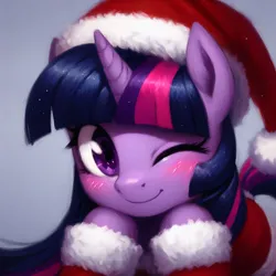 Size: 2048x2048 | Tagged: safe, ai content, derpibooru import, machine learning generated, twilight sparkle, pony, unicorn, christmas, clothes, costume, generator:bing image creator, hat, holiday, image, one eye closed, png, santa costume, santa hat, solo, wink