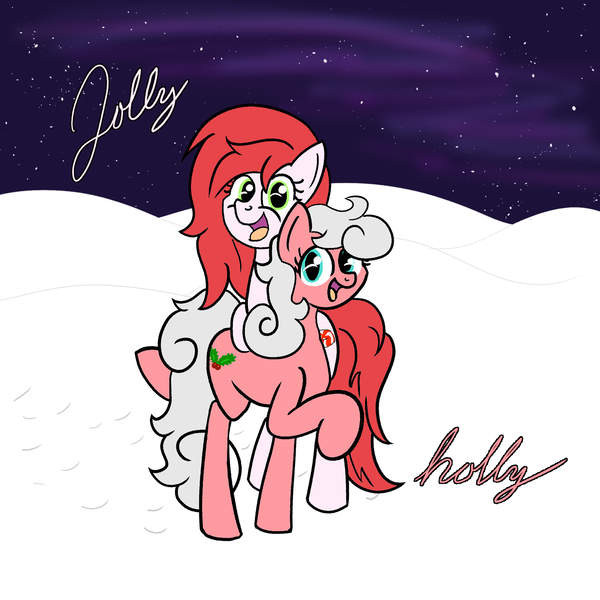 Size: 2000x2000 | Tagged: safe, artist:dafiltafish, derpibooru import, oc, oc:holly, oc:jolly, earth pony, pony, duo, duo female, female, festive, hearth's warming eve, image, looking at you, mare, night, png, snow, text, winter