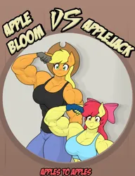 Size: 2281x2970 | Tagged: safe, artist:matchstickman, derpibooru import, apple bloom, applejack, anthro, earth pony, pony, tumblr:where the apple blossoms, abs, apple bloom's bow, apple brawn, apple sisters, applejack's hat, applejacked, bicep flex, biceps, bow, breasts, busty apple bloom, busty applejack, clothes, comic cover, cowboy hat, deltoids, duo, female, flexing, g4, gloves, hair bow, hat, image, looking at you, mare, matchstickman's apple brawn series, muscles, muscular female, older, older apple bloom, pecs, png, siblings, sisters, triceps