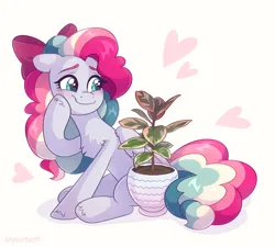 Size: 2205x1985 | Tagged: safe, artist:skysorbett, derpibooru import, oc, oc:sky sorbet, unofficial characters only, pegasus, pony, bow, chest fluff, curly hair, curly mane, female, ficus, flower pot, hair bow, heart, image, mare, multicolored hair, multicolored mane, pegasus oc, plant, pleased, png, simple background, sitting, smiling, solo, wings