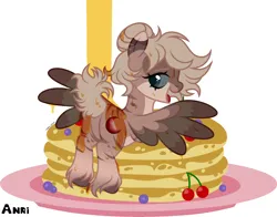 Size: 2238x1753 | Tagged: suggestive, artist:vesely pomidor, derpibooru import, oc, oc:amoo, unofficial characters only, pegasus, pony, zebra, female, food, heterochromia, image, mare, open mouth, pancakes, pegasus oc, png, pony oc, signature, solo, spread wings, syrup, watermark, wings, zebra oc