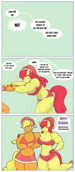 Size: 3391x7755 | Tagged: safe, artist:matchstickman, derpibooru import, apple bloom, applejack, anthro, earth pony, plantigrade anthro, pony, tumblr:where the apple blossoms, abs, apple brawn, apple sisters, applejacked, biceps, breasts, busty apple bloom, busty applejack, christmas, clothes, comic, costume, deltoids, dialogue, duo, embarrassed, female, fetish, g4, holiday, image, looking at you, mare, matchstickman's apple brawn series, muscle fetish, muscles, muscular female, older, older apple bloom, one eye closed, pecs, png, pulling, siblings, sisters, speech bubble, talking to viewer, thighs, thunder thighs, wink