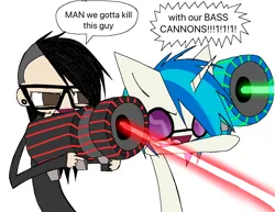 Size: 1280x989 | Tagged: safe, derpibooru import, vinyl scratch, human, pony, unicorn, bass cannon, cannon, duo, ear piercing, female, glasses, human and pony, image, lip piercing, male, piercing, png, simple background, skrillex, snake bites, speech bubble, text, vinyl's glasses