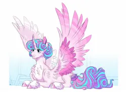 Size: 1382x1010 | Tagged: safe, artist:swabakar, derpibooru import, princess flurry heart, alicorn, pony, chest fluff, feathered fetlocks, female, fluffy, image, jpeg, lying down, mare, older, older flurry heart, prone, solo, spread wings, tail, tail feathers, wings