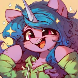 Size: 1024x1024 | Tagged: safe, ai content, derpibooru import, machine learning generated, stable diffusion, izzy moonbow, pony, unicorn, g5, cheek fluff, chest fluff, clothes, female, generator:purplesmart.ai, happy, hoodie, image, jpeg, mare, open mouth, open smile, prompter:nightluna, smiling, solo, stars