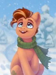 Size: 3000x4000 | Tagged: safe, artist:amishy, derpibooru import, oc, unofficial characters only, earth pony, pony, clothes, image, jpeg, looking up, male, open mouth, open smile, scarf, sitting, smiling, snow, snowfall, solo, stallion, winter