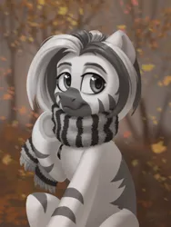 Size: 3000x4000 | Tagged: safe, artist:amishy, derpibooru import, oc, unofficial characters only, zebra, autumn, clothes, falling leaves, image, jpeg, leaves, scarf, smiling, solo, underhoof, zebra oc