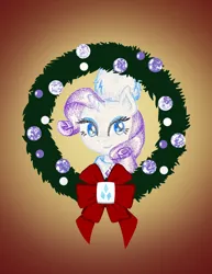Size: 2550x3300 | Tagged: safe, artist:flutterluv, derpibooru import, part of a set, rarity, pony, unicorn, bust, christmas, christmas wreath, gradient background, hat, holiday, image, jpeg, portrait, smiling, solo, wreath