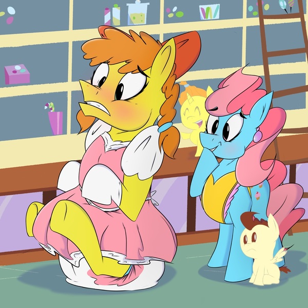 Size: 1280x1280 | Tagged: questionable, artist:soulless_76, derpibooru import, carrot cake, cup cake, pound cake, pumpkin cake, adult foal, blushing, bow, clothes, diaper, diaper fetish, dress, embarrassed, family, fetish, girly, group, image, jpeg, laughing, on floor, sissy, sissyfication, sitting